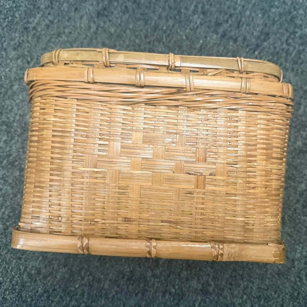 Vintage Hand-woven Storage Basket Checkerboard Pattern Reinforced Framing